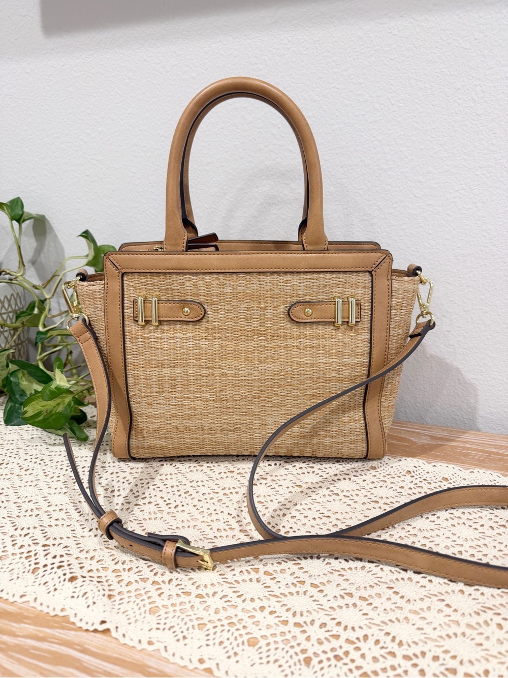 Tan Woven Straw Satchel Handbag with Gold Hardware - Liz Claiborne